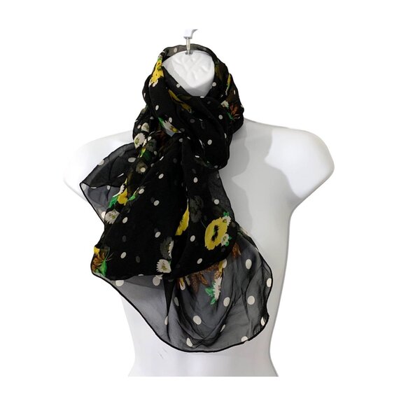 Pure Silk Daisey Poppy Floral Polka Dot Long Sheer Rectangle Scarf - Picture 1 of 4
